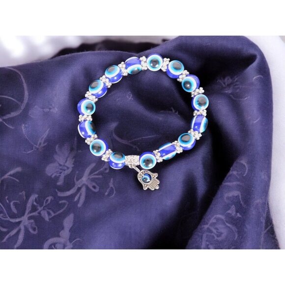 Evil Eye Bracelet with Hamsa Charm Blue Beads Stretch Witchy Protection - Picture 1 of 8